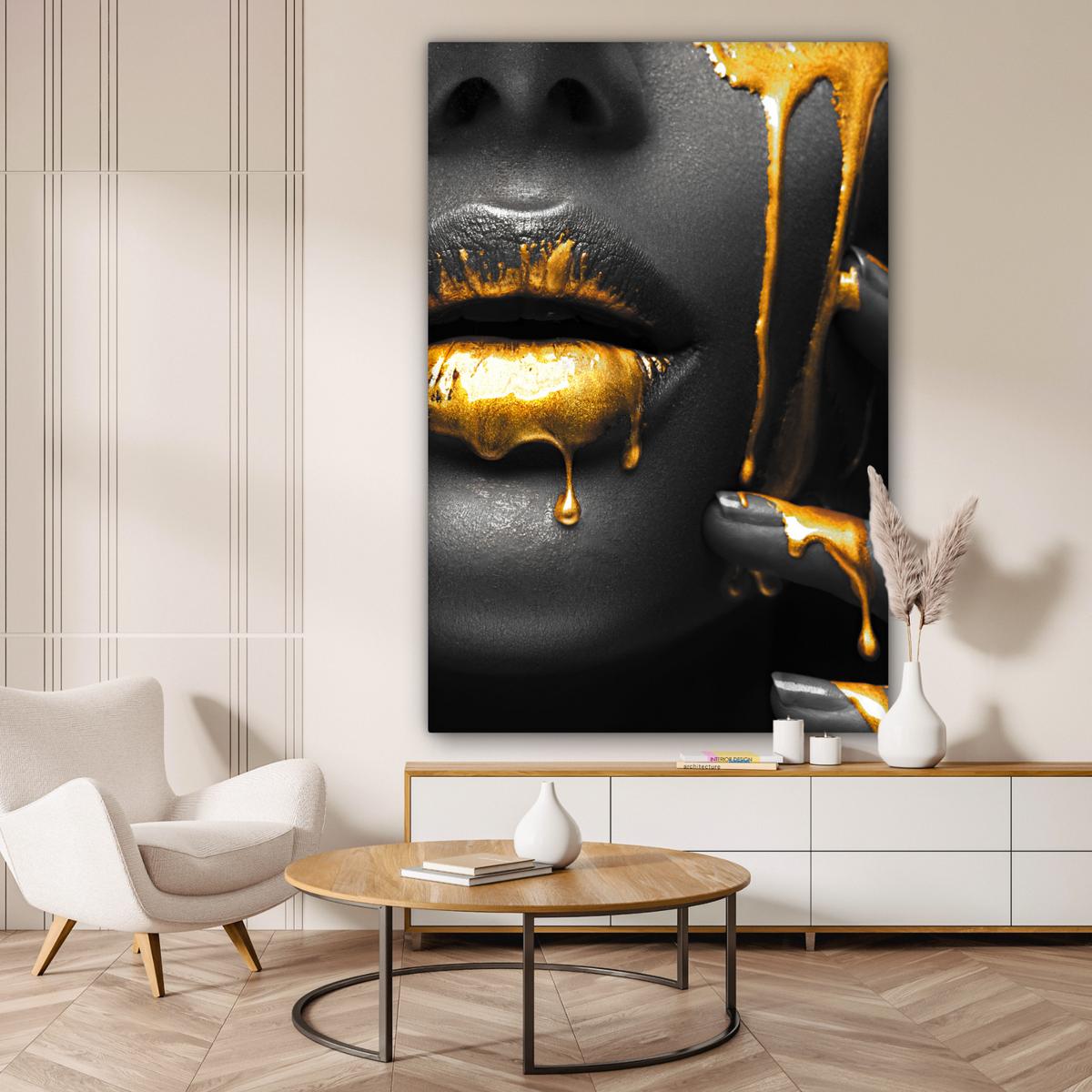 LEINWANDBILD Frau - Schwarz - Gold - Gesicht - Lippen Deko Groß 90x140 cm - Goldfarben, Textil (90/140cm) - MuchoWow