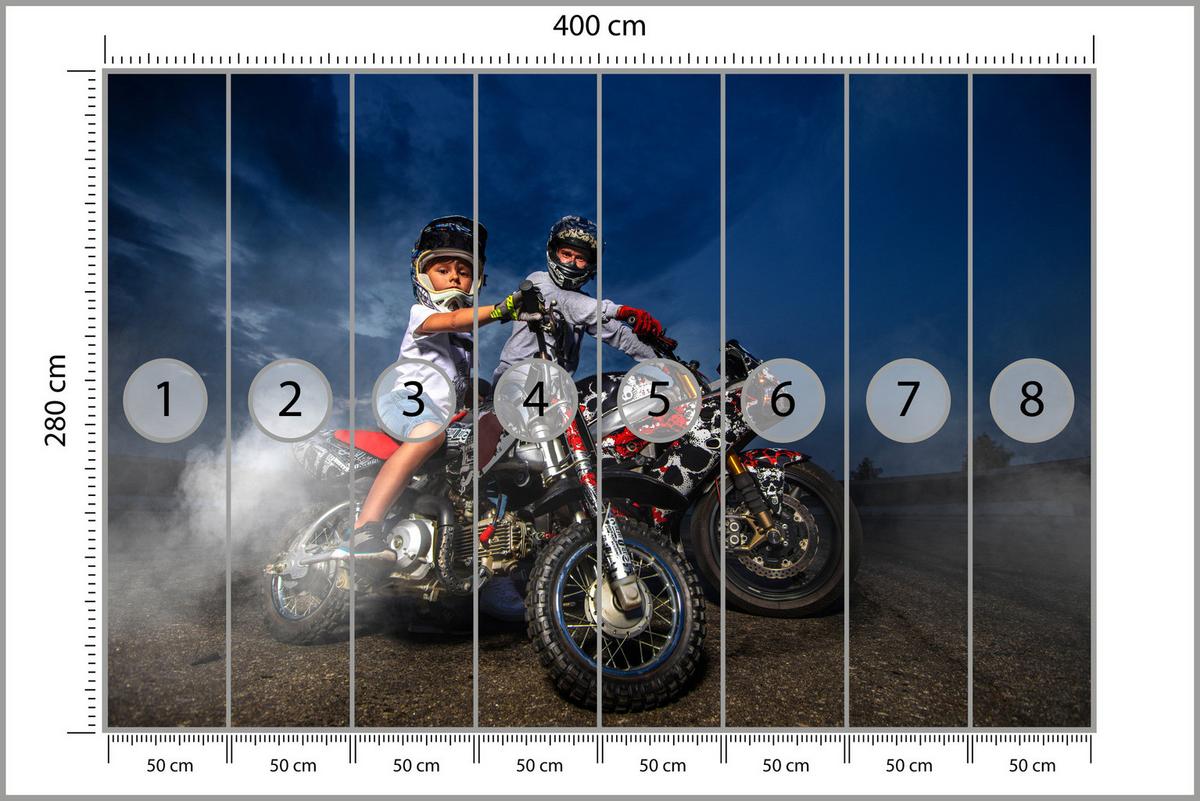 FOTOTAPETE für Schlafzimmer Vater Sohn Motorräder Action 400x280 - Rot/Schwarz, Papier (400/280cm) - Muralo