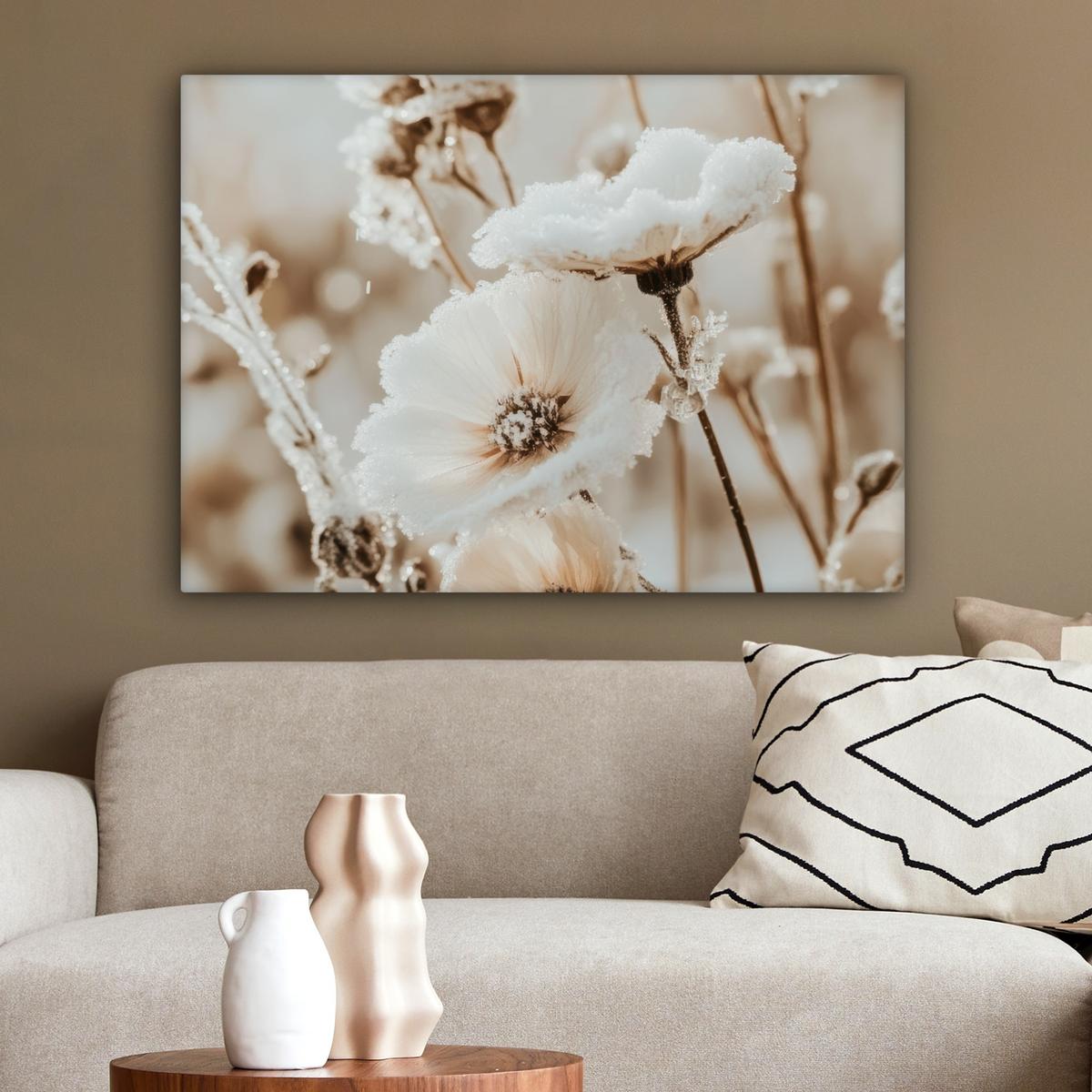 LEINWANDBILD Blumen - Winter - Weiß - Schnee - Beige Wandbilder 80x60 cm - Creme, Textil (80/60cm) - MuchoWow