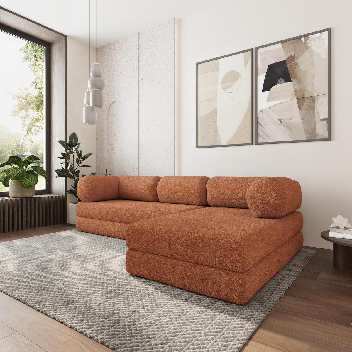 ECKSOFA KELI modulares Boneless Sofa mit Schlaffunktion Orange Boucle-Stoff - Orange, Textil (270/160cm) - MASSENO