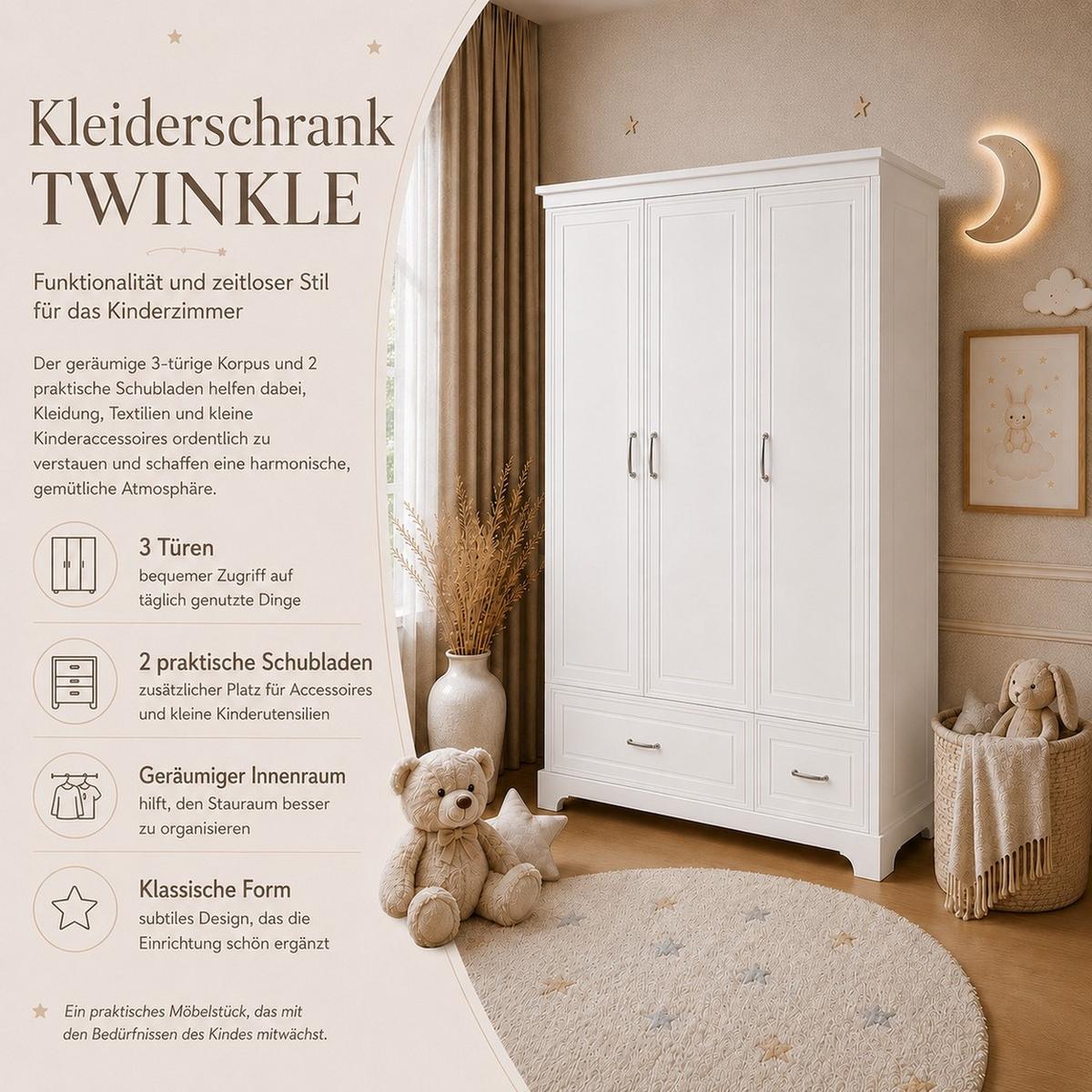 KLEIDERSCHRANK TWINKLE für das Kinderzimmer Weiß matt - Weiß, Holzwerkstoff (145/180/53cm) - Lookway