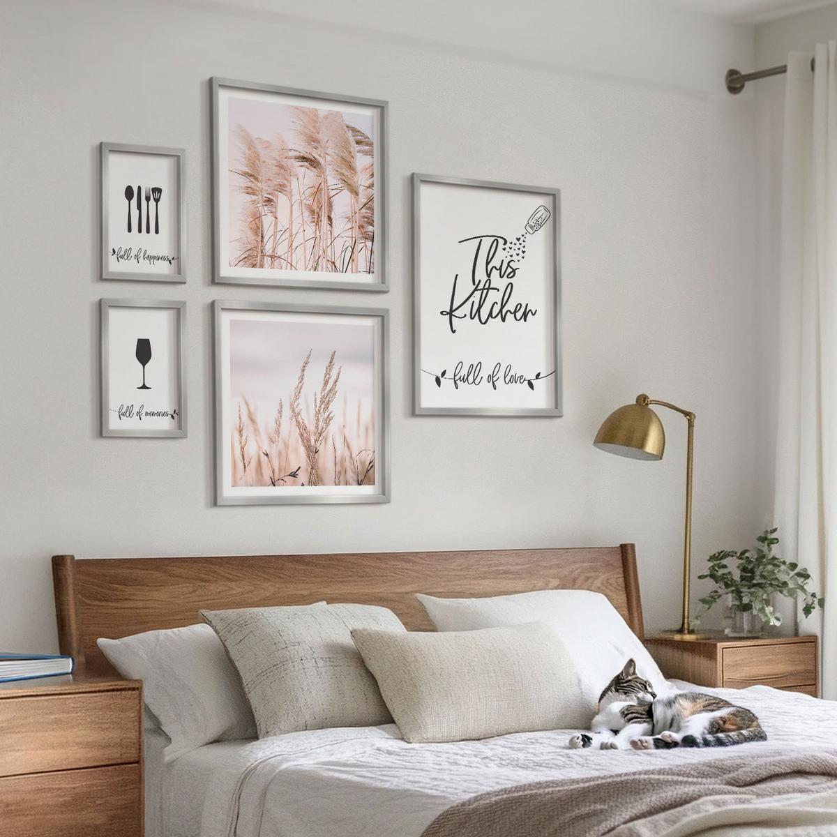BILDER SET 5er Set - 50x50 cm & 20x30 cm & 40x60 cm Silberner Rahmen - Abstrakte Blattmalerei - Silberfarben, Kunststoff (40/60cm) - TULUP