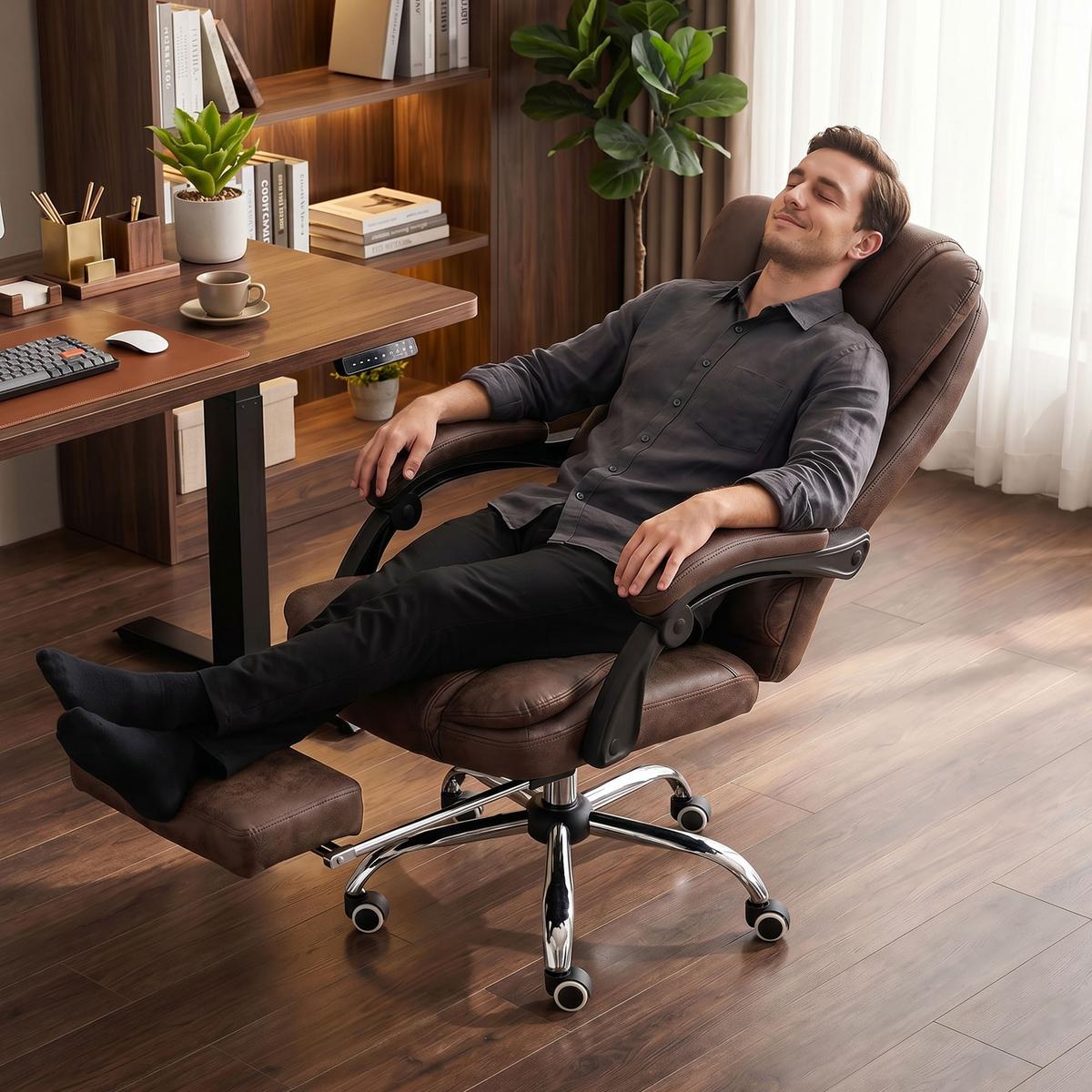 CHEFSESSEL mit Massagefunktion, Ergonomisch Schreibtischstuhl mit Liegefunktion - Silberfarben/Braun, Kunststoff/Textil (70/119/65cm) - Vinsetto