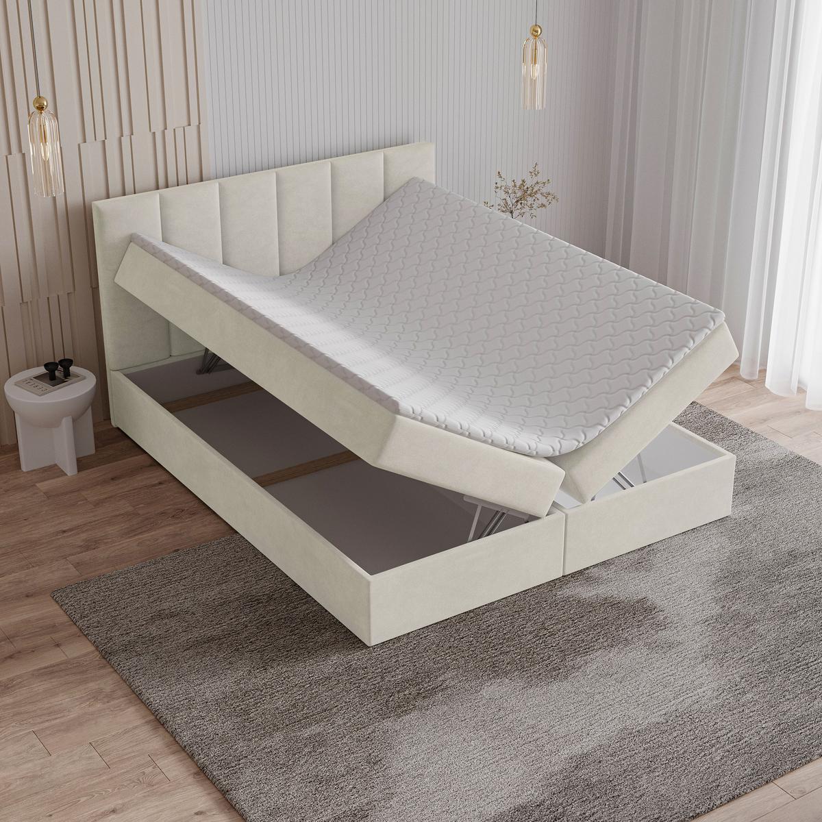 BOXBETT MERIL 180x200 cm mit Matratze und Topper - Creme - Creme, Holz (180/200cm) - MASSENO