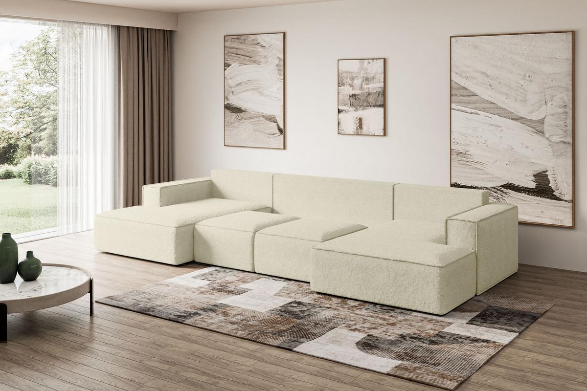 WOHNLANDSCHAFT mit Schlaffunktion und Bettkasten SIERRA-U-S - 349x161x87 cm Beige Bouclé - Beige/Schwarz, Holzwerkstoff/Kunststoff (349/87/161cm) - ALTDECOR
