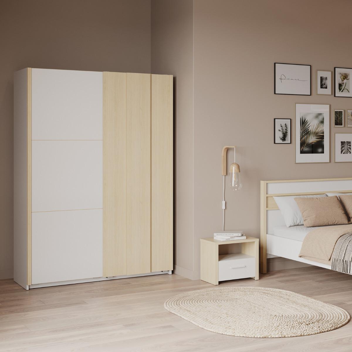 SCHRANK mit 2 Schiebetüren in Weiß und Eichenholz-Finish 140,1/64/203 cm - Weiß, Holzwerkstoff (64/203/67.7cm) - Calicosy