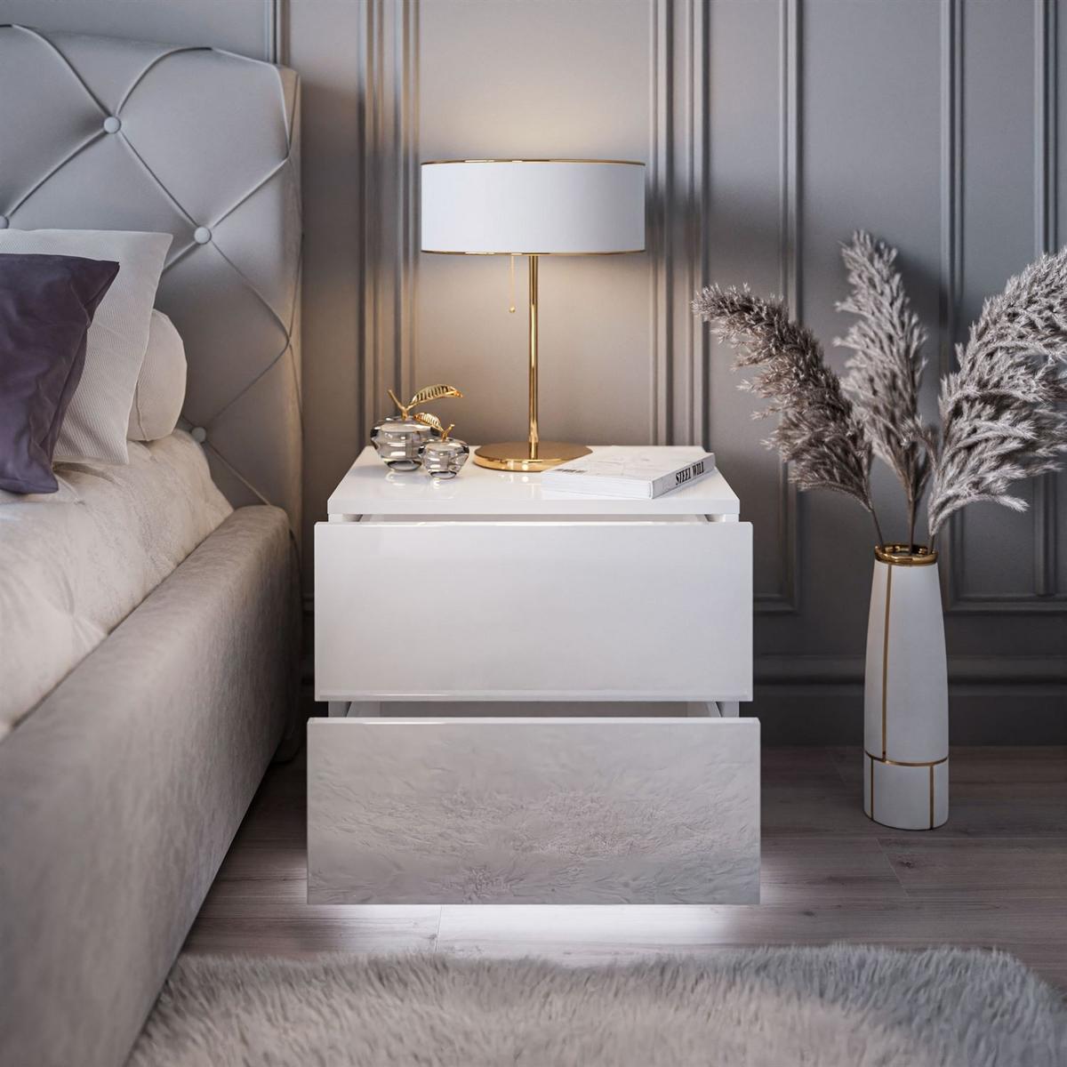 NACHTTISCH LINA LUX mit Hochglanzplatte, LED, Push Open - Weiß, Holzwerkstoff (45/48/39cm) - Lookway