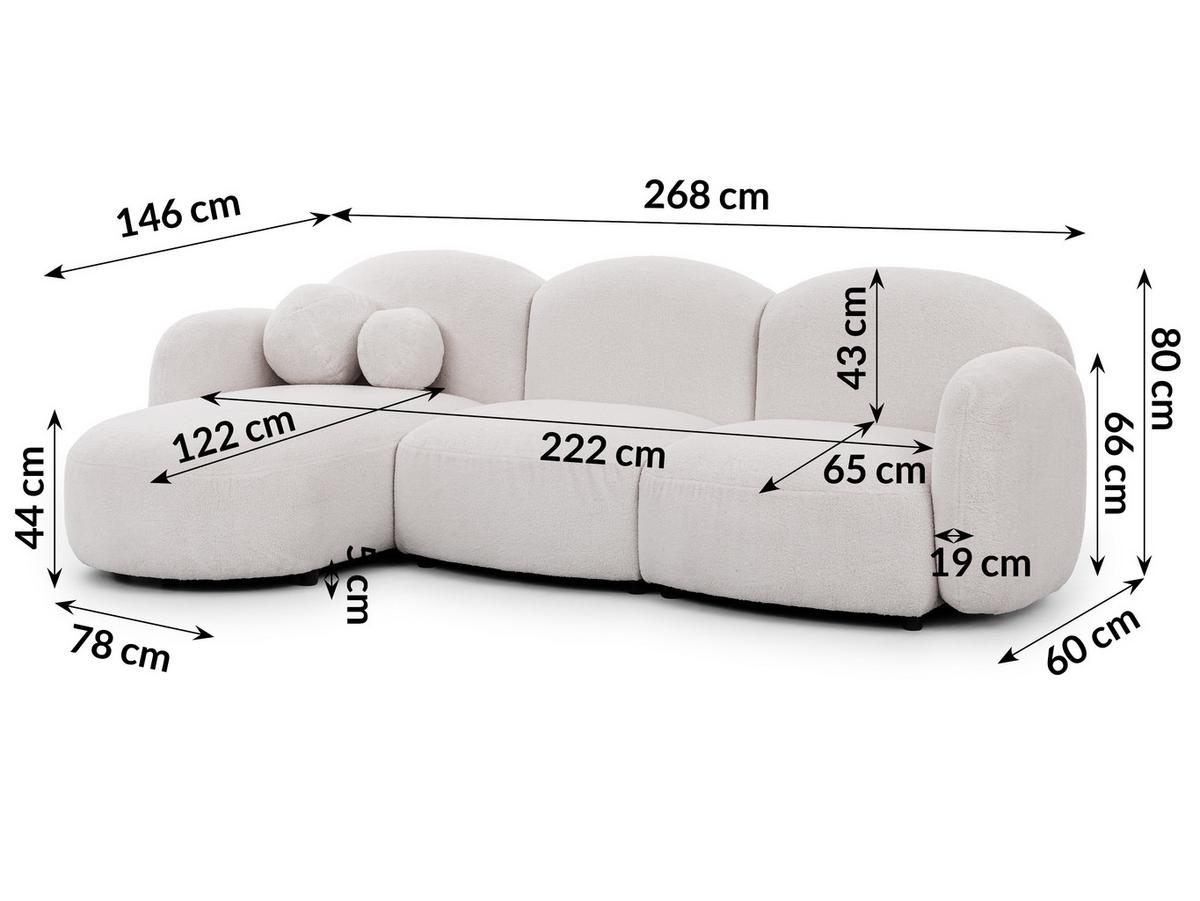 ECKSOFA Nuvola mit abgerundetem Design Weiß Bouclé-Stoff - Ottomane Links - Schwarz/Weiß, Holz/Kunststoff (268/146cm) - S-Style