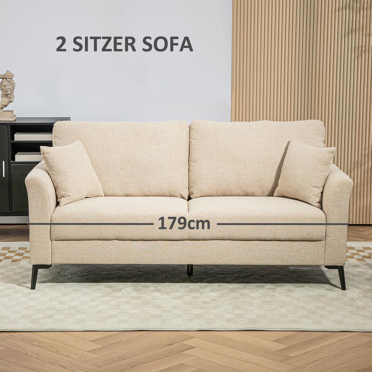 2-SITZER-SOFA, Couch mit Leinenoptik, Metallbeine, Polstersofa Doppelsofa - Beige/Schwarz, Textil/Metall (80/89/179cm) - HOMCOM
