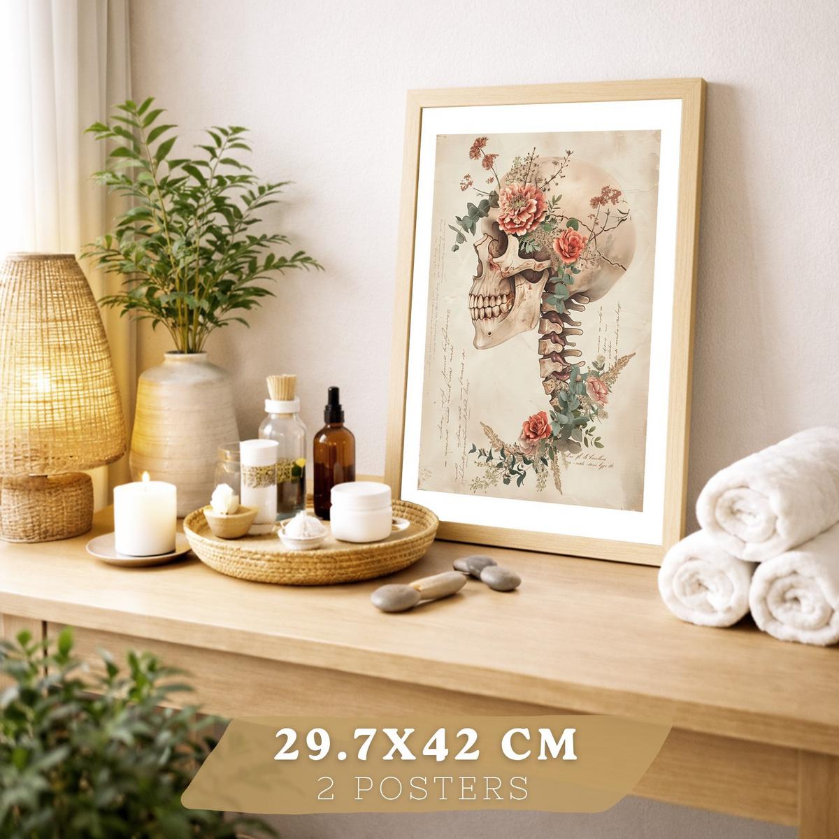POSTER Set aus 2 Anatomie Mensch Drucke und Wandbilder mit Skelett Schädel Wirbelsäule Rippen Becken Klassischer Stil Größe Leichter Holzrahmen A3 - Beige, Papier (29.7/42/3cm) - Nacnic