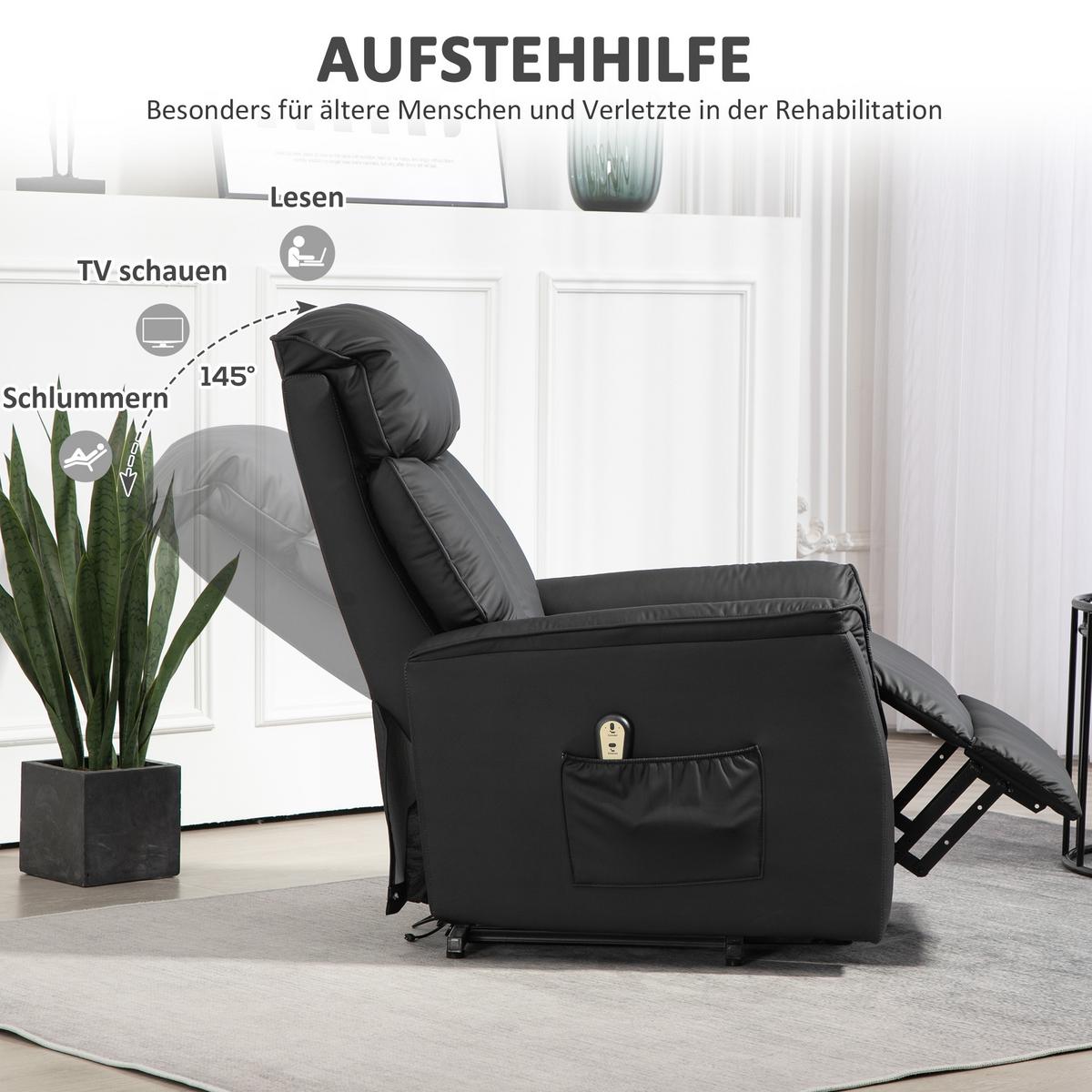 SESSEL mit Aufstehhilfe Kunstleder schwarz - Schwarz, Leder/Holzwerkstoff (80/104/94cm) - HOMCOM