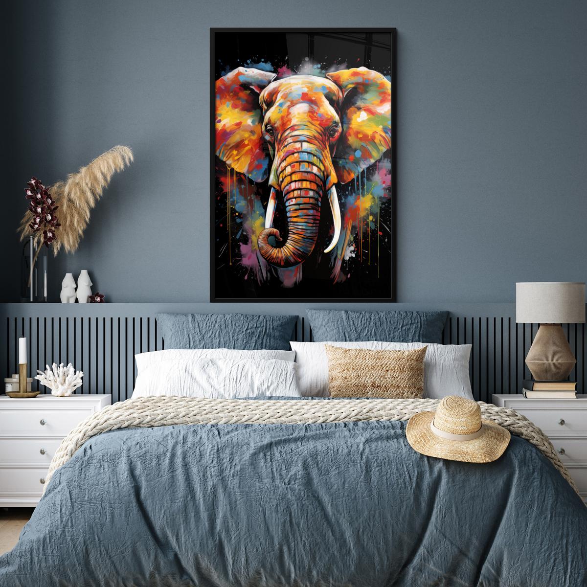 POSTER MIT RAHMEN Elefant - Graffiti - Schwarz - Tiere - Farben Bilderleiste 80x120 cm - Schwarz, Papier (80/120cm) - MuchoWow