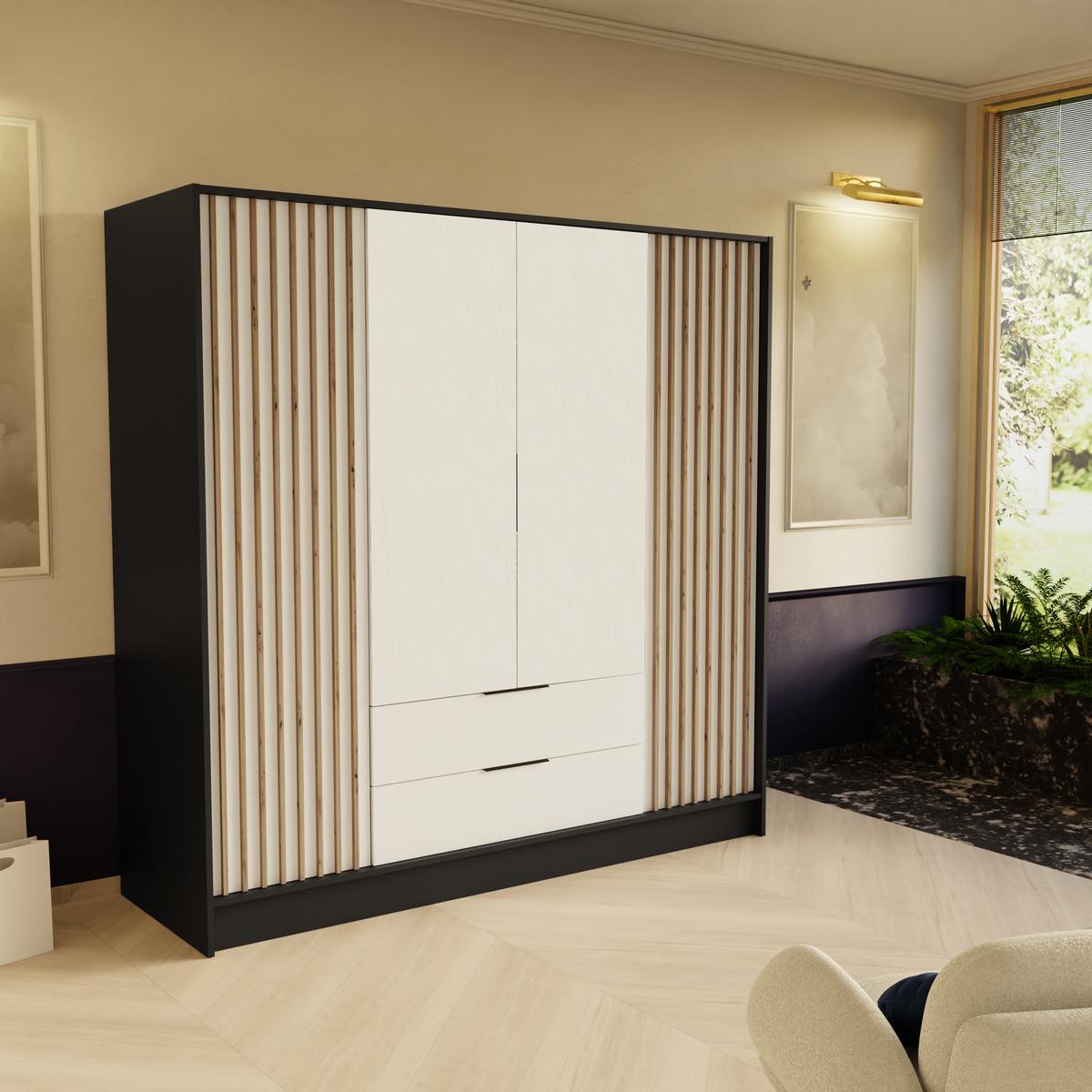 DREHTÜRENSCHRANK PELOR 200/200/51 cm Modern Kleiderschrank 4-türig Schwarz - Schwarz/Weiß, Holzwerkstoff (200/200/51cm) - MASSENO