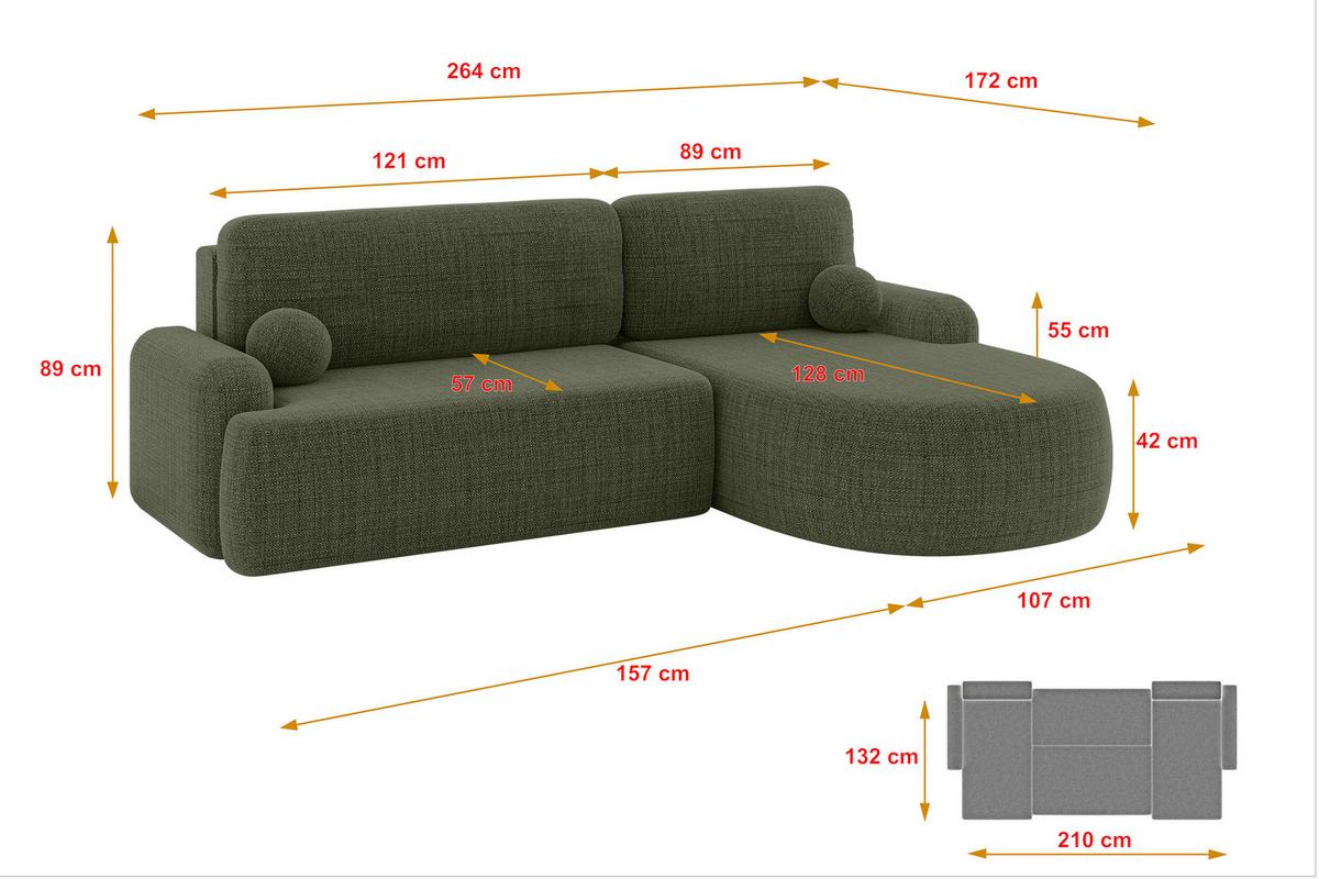 ECKSOFA mit Schlaffunktion und Bettkasten LIRA-L - 264x172x89 Grün - Grün, Holzwerkstoff/Textil (172/264cm) - ALTDECOR