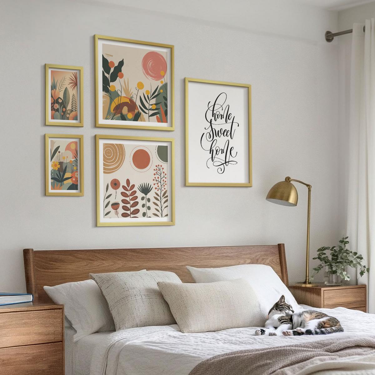 BILDER SET 5er Set - 50x50 cm & 20x30 cm & 40x60 cm Goldrahmen - Pastellfarbene Pflanzenmuster - Goldfarben, Kunststoff (40/60cm) - TULUP