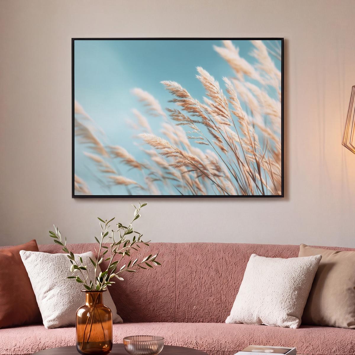 LEINWAND Bilder mit Rahmen - Ziergras - Wind - Hellbraun - 100x70 - Hellblau, Textil (100/70cm) - MuchoWow