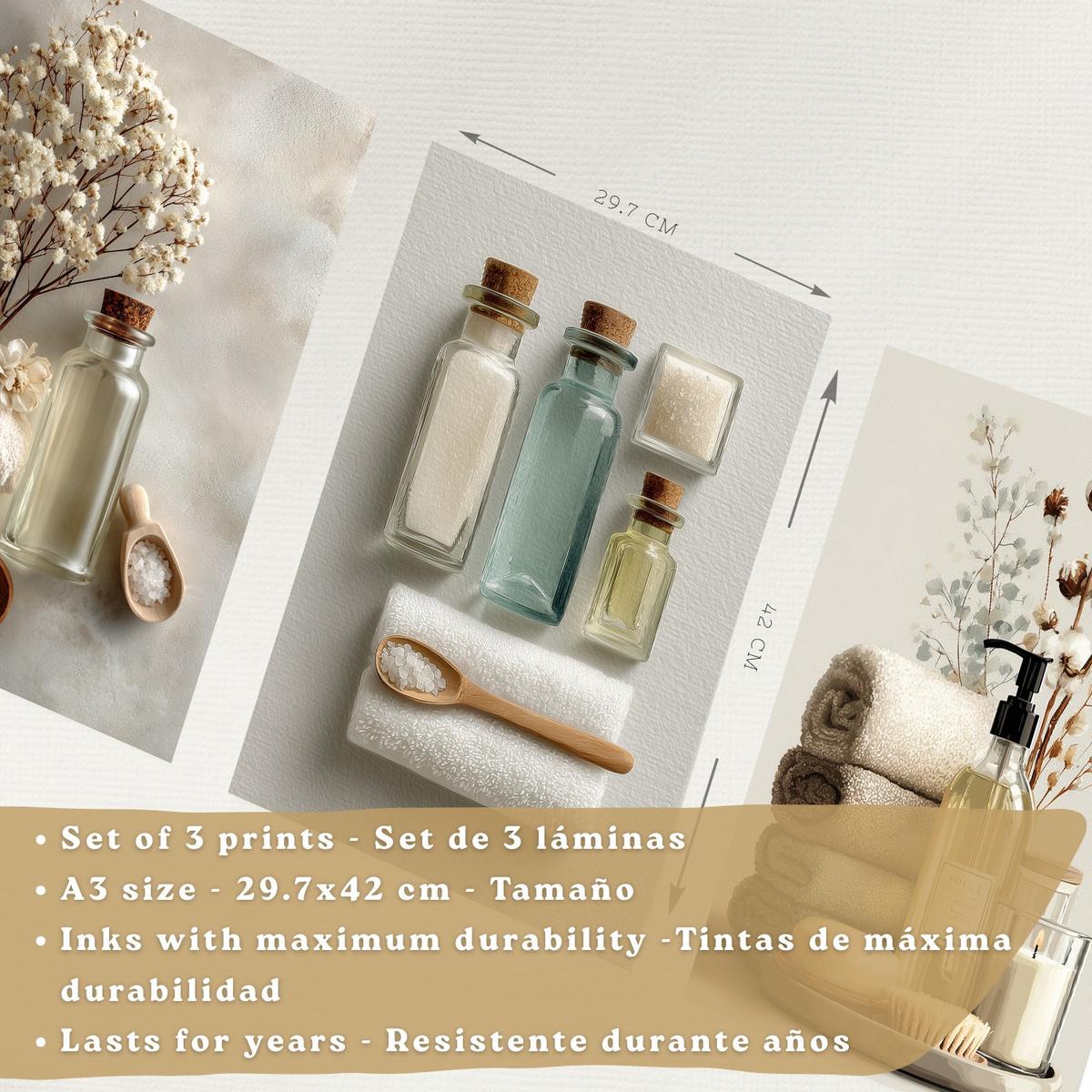 POSTER 3er-Set dekorative Badezimmer-Wandbilder und für Waschbecken, Dusche, WC mit Flaschen, Badesalz und Handtüchern, Leichter Holzrahmen A3 - Beige, Papier (42/29.7/3cm) - Nacnic