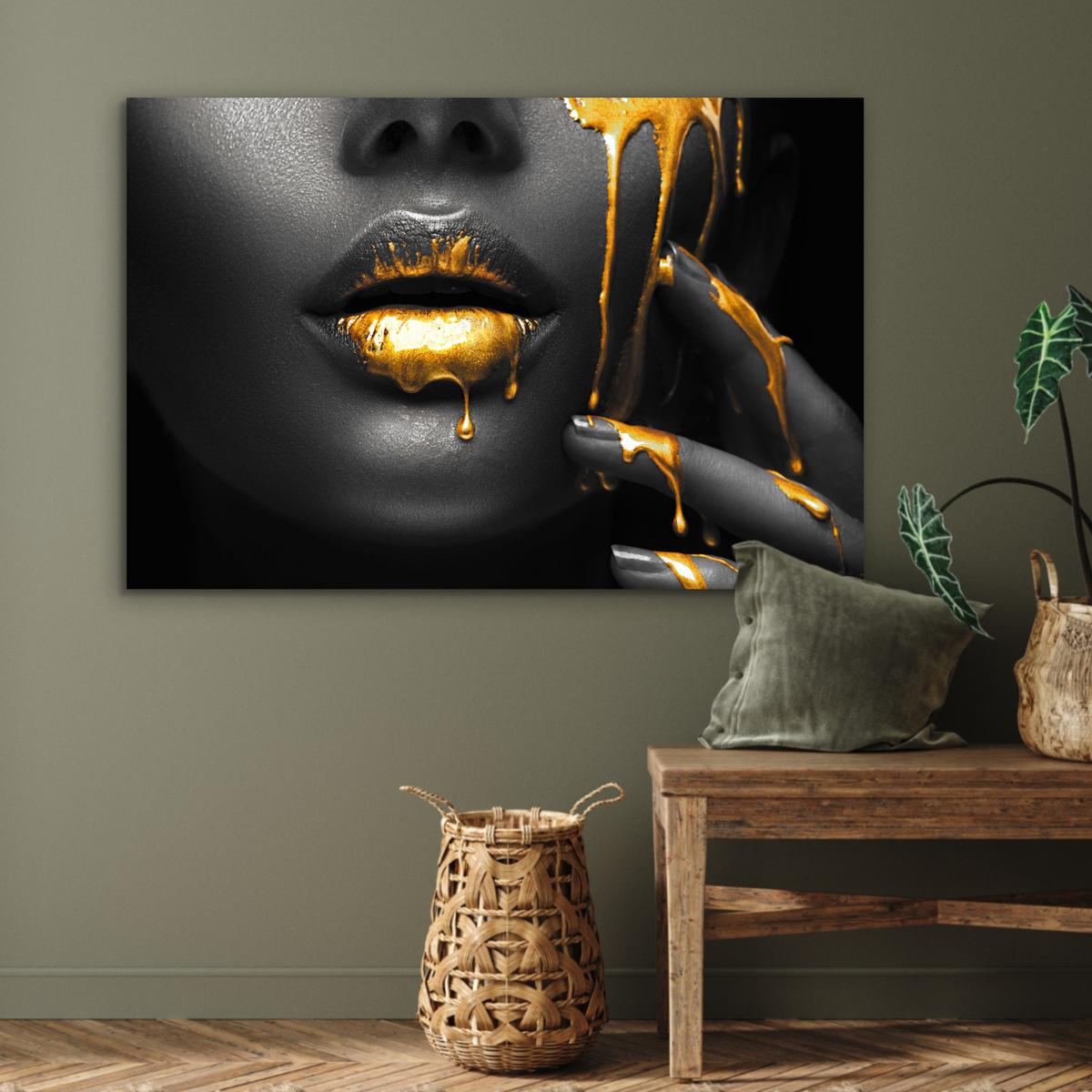METALLBILD Frau - Schwarz - Gold - Gesicht - Lippen Deko Groß 120x80 cm - Goldfarben, Metall (120/80cm) - MuchoWow