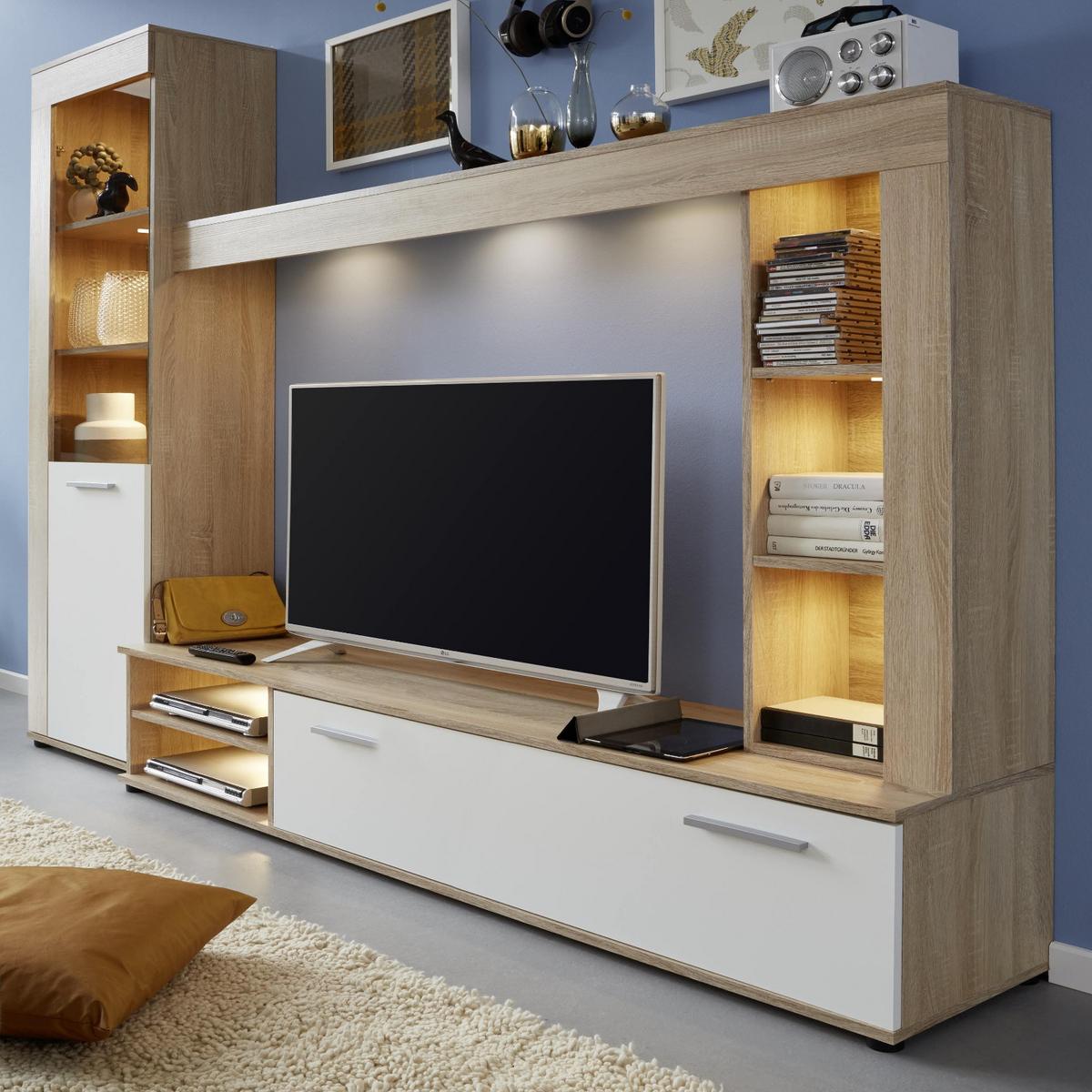 WOHNWAND Sonoma Eiche hell sägerau, weiß 240 cm, Schrankwand mit viel Stauraum - Silberfarben/Schwarz, Holzwerkstoff/Kunststoff (240/185/41cm) - Top.Furn