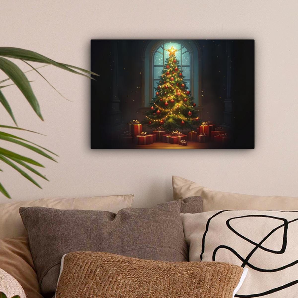 LEINWANDBILD Weihnachtsbaum - Geschenk - Winter Deko Schlafzimmer 30x20 cm - Grün, Textil (30/20cm) - MuchoWow