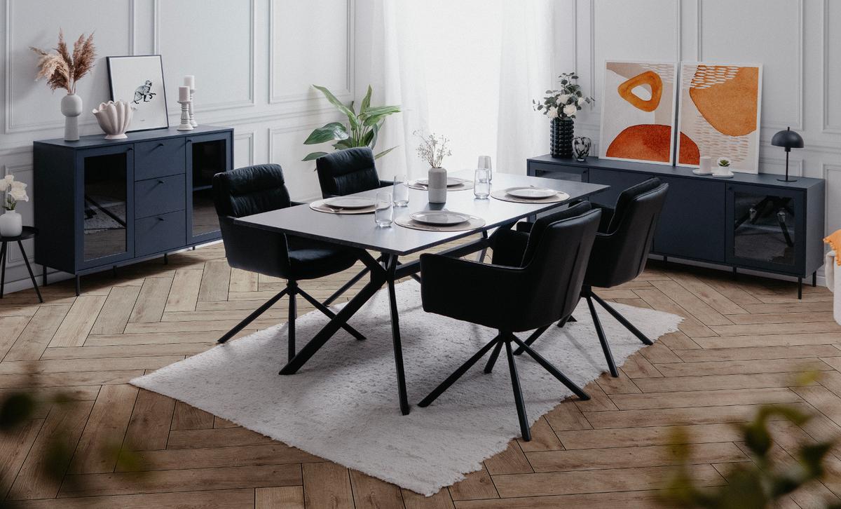 KOMMODE blau 120 cm, Anrichte mit 4 Vitrinenfächern - Blau/Schwarz, Glas/Holzwerkstoff (120/90/40cm) - Furn.Design