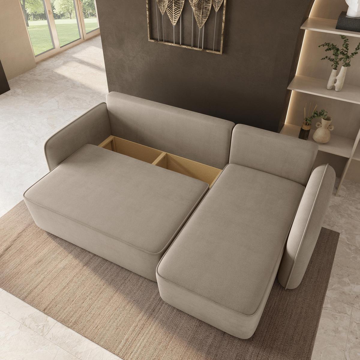 ECKSOFA DOLVER Beige Plüsch-Stoff mit Schlaffunktion - Beige, Holz (238/156cm) - MASSENO