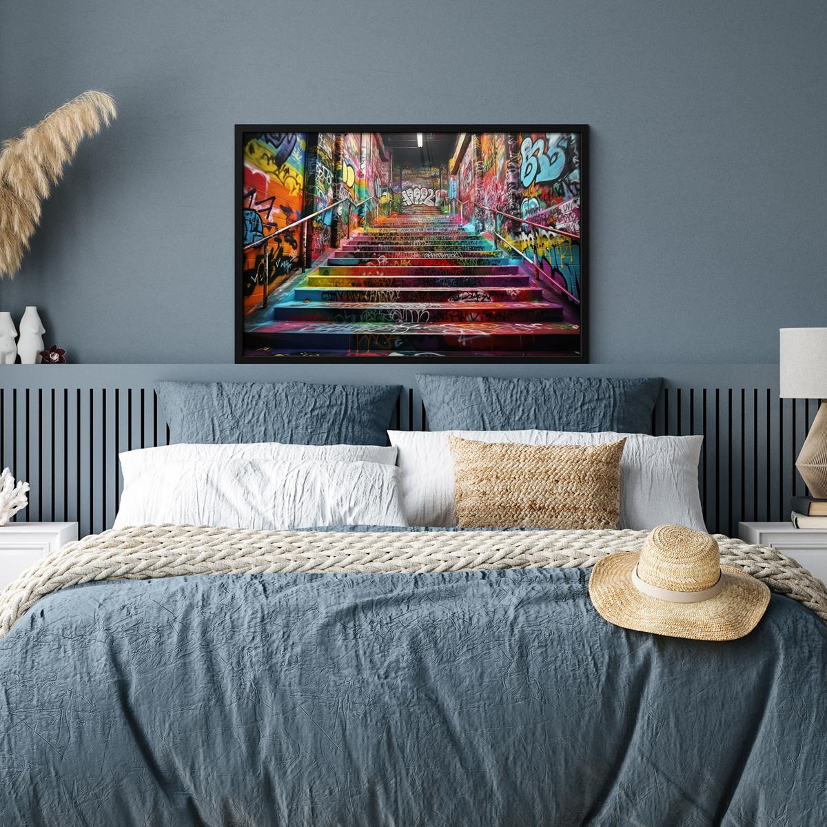 POSTER MIT RAHMENGERAHMTES BILD Treppe - Graffiti - Farben - Kunst 90x60 cm - Multicolor, Papier (90/60cm) - MuchoWow