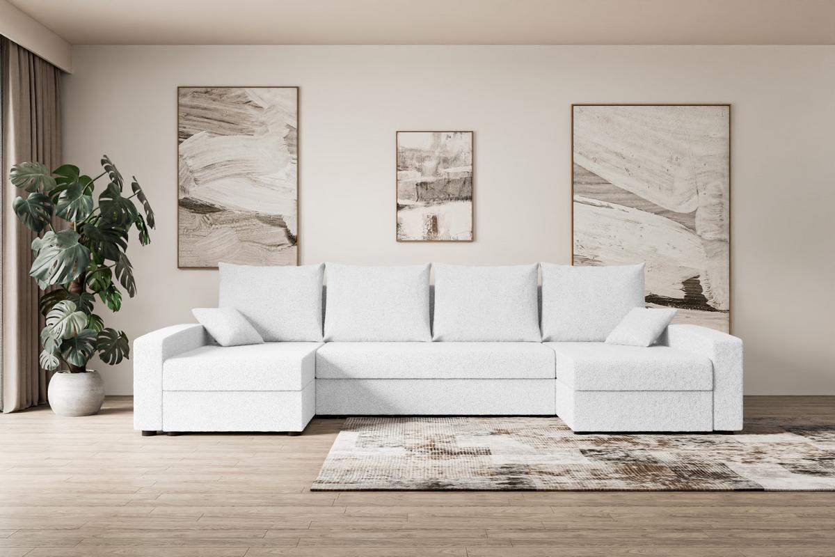 WOHNLANDSCHAFT mit Schlaffunktion und Bettkasten ALESIA-U 301x140x90 cm Weiß Bouclé - Silberfarben/Weiß, Holzwerkstoff/Kunststoff (301/90/140cm) - ALTDECOR