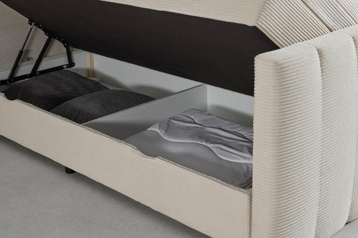 Boxspringbett beige Bettkasten Stauraum beidseitig aufklappbar