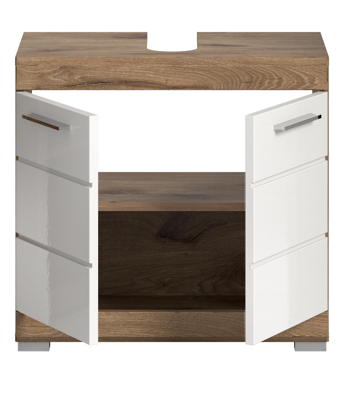 WASCHBECKENUNTERSCHRANK weiß Hochglanz, Eiche 60 cm, 2-türig - Chromfarben/Weiß Hochglanz, Holzwerkstoff/Kunststoff (60/56/31cm) - Inn.Furn