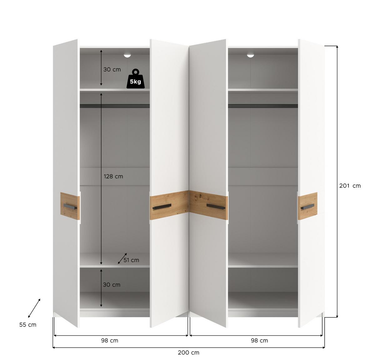KLEIDERSCHRANK weiß, Artisan Eiche 200 x 201 cm, Drehtürenschrank 4-türig - Schwarz/Weiß, Holzwerkstoff/Kunststoff (200/201/55cm) - Inn.Furn