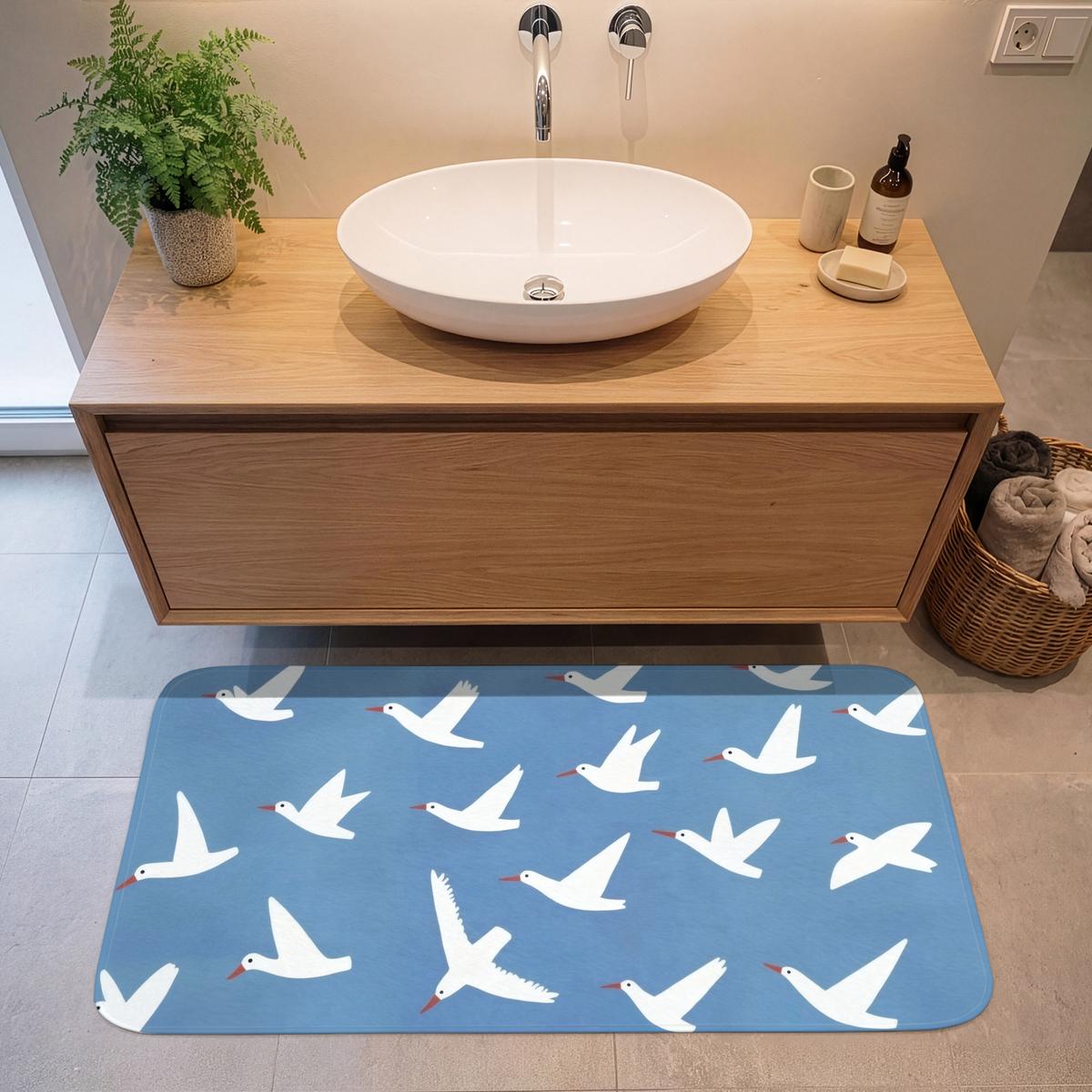 BADEMATTE Vögel - Weiß - Muster 120x60 cm - Blau, Textil (120/60cm) - OnlyWow