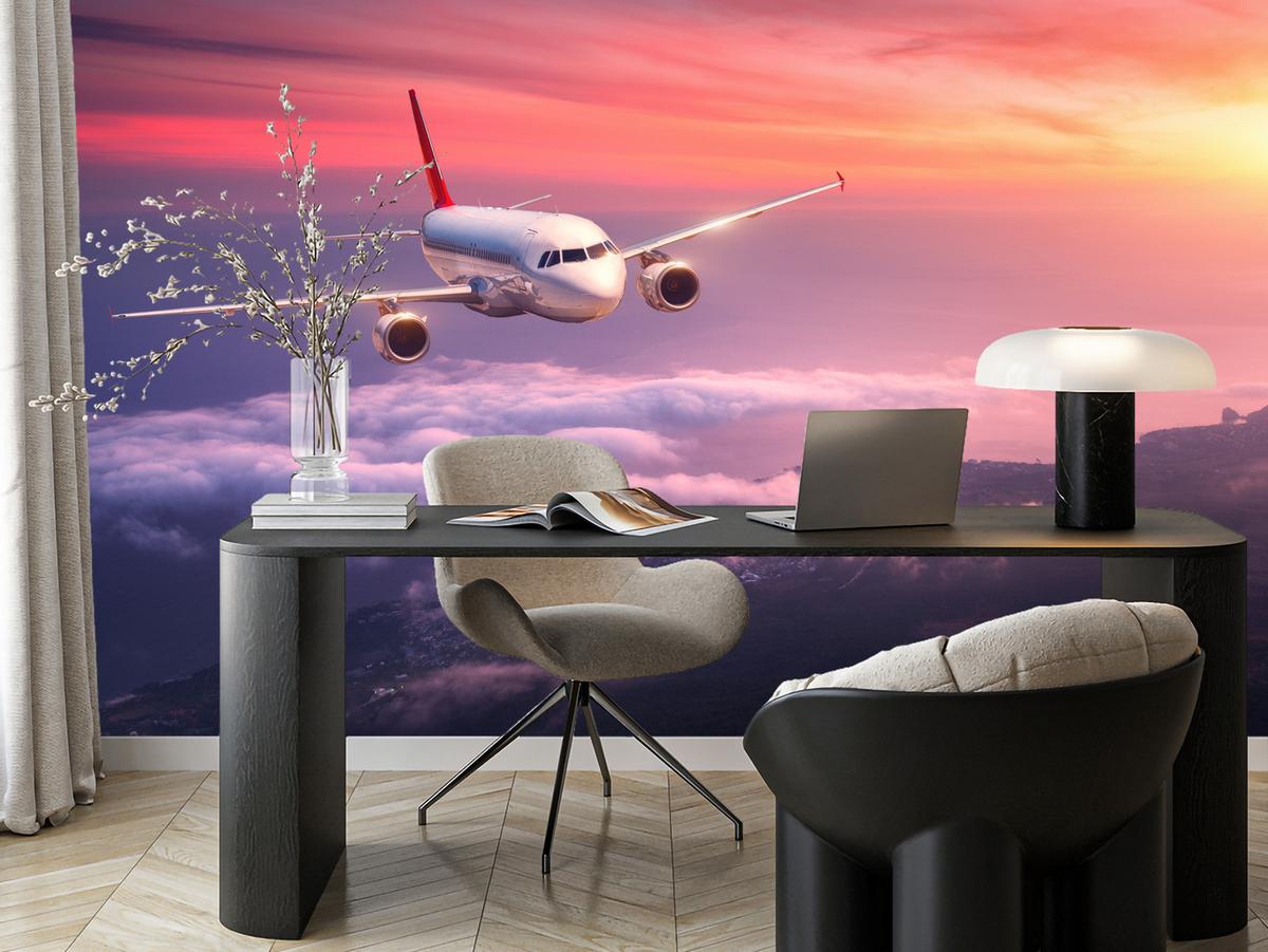 FOTOTAPETE für Wohnzimmer Flugzeug Sonnenuntergang Wolken Himmel 150x105 - Gelb/Rot, Papier (150/105cm) - Muralo