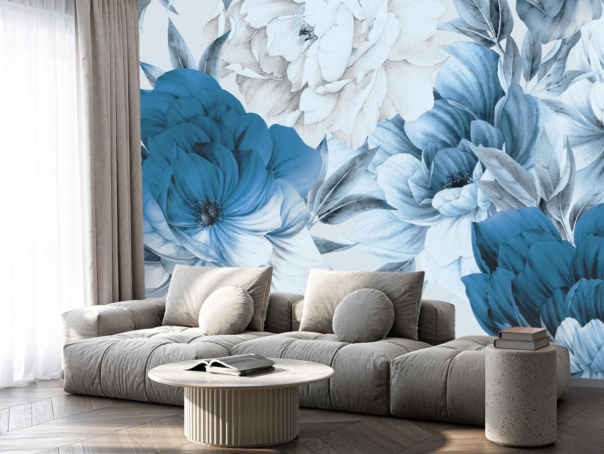 FOTOTAPETE für Wohnzimmer Blaue Pfingstrosen Zart Blumen Boho 200x140 - Blau/Weiß, Papier (200/140cm) - Muralo