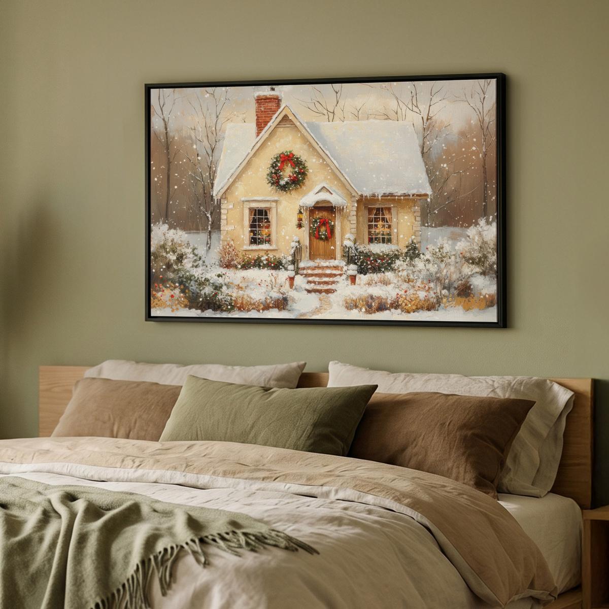 LEINWAND Bilder mit Rahmen - Weihnachten - Zuhause - Winter - Schnee - 90x60 - Creme, Textil (90/60cm) - MuchoWow