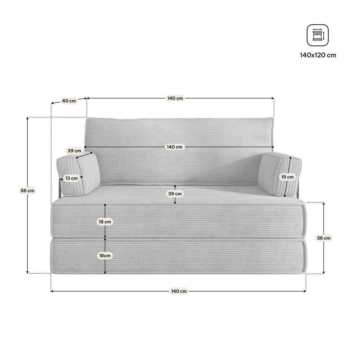 BETTSOFA LADIA aus Schaumstoff Kordstoff Hellgrau Schlaffunktion - Hellgrau, Textil (140/86/60cm) - MASSENO