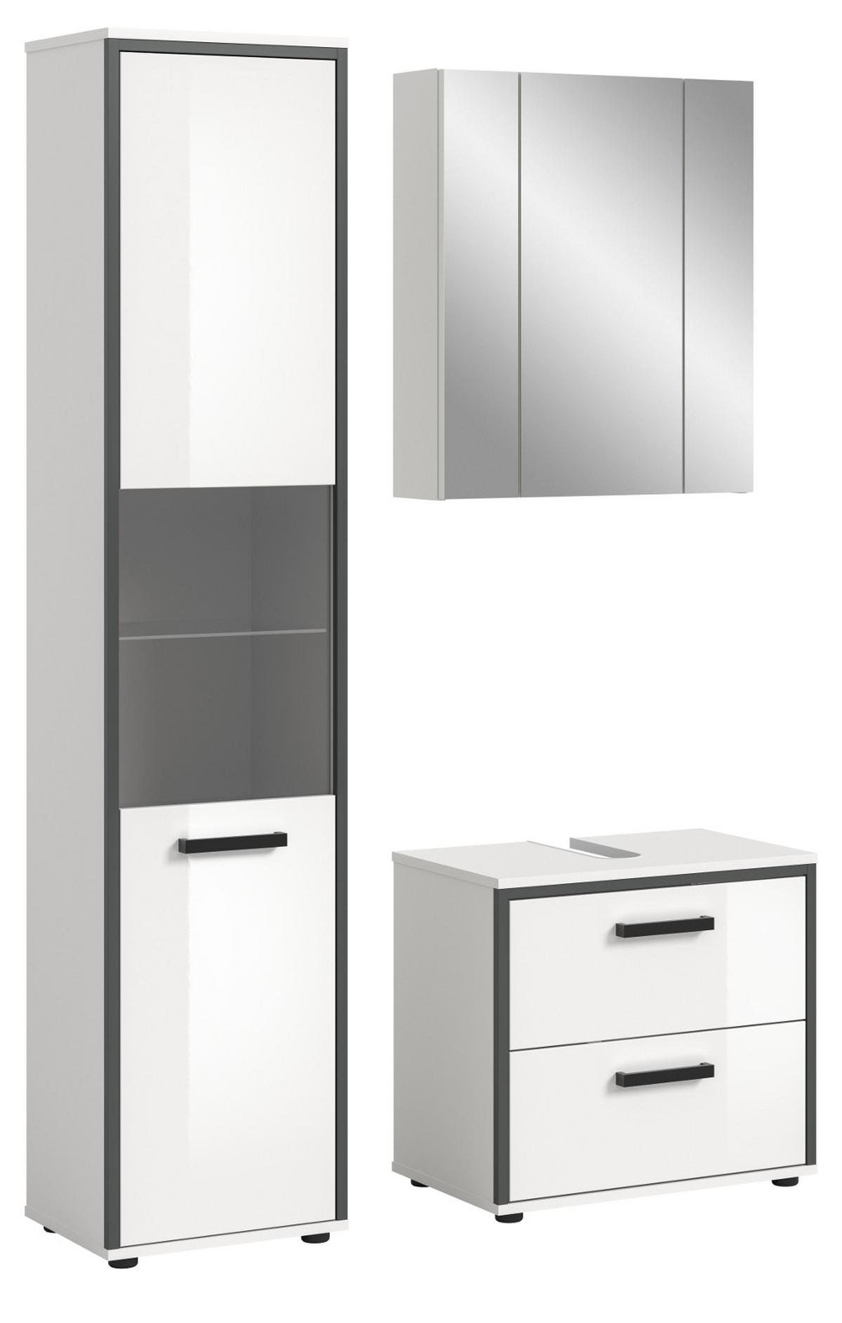 BADMÖBEL-SET 3-teilig weiß Hochglanz, grau 115 x 188 cm, Badkombination, modernes Design - Weiß Hochglanz/Schwarz, Glas/Holzwerkstoff (115/188/37.5cm) - Inn.Furn