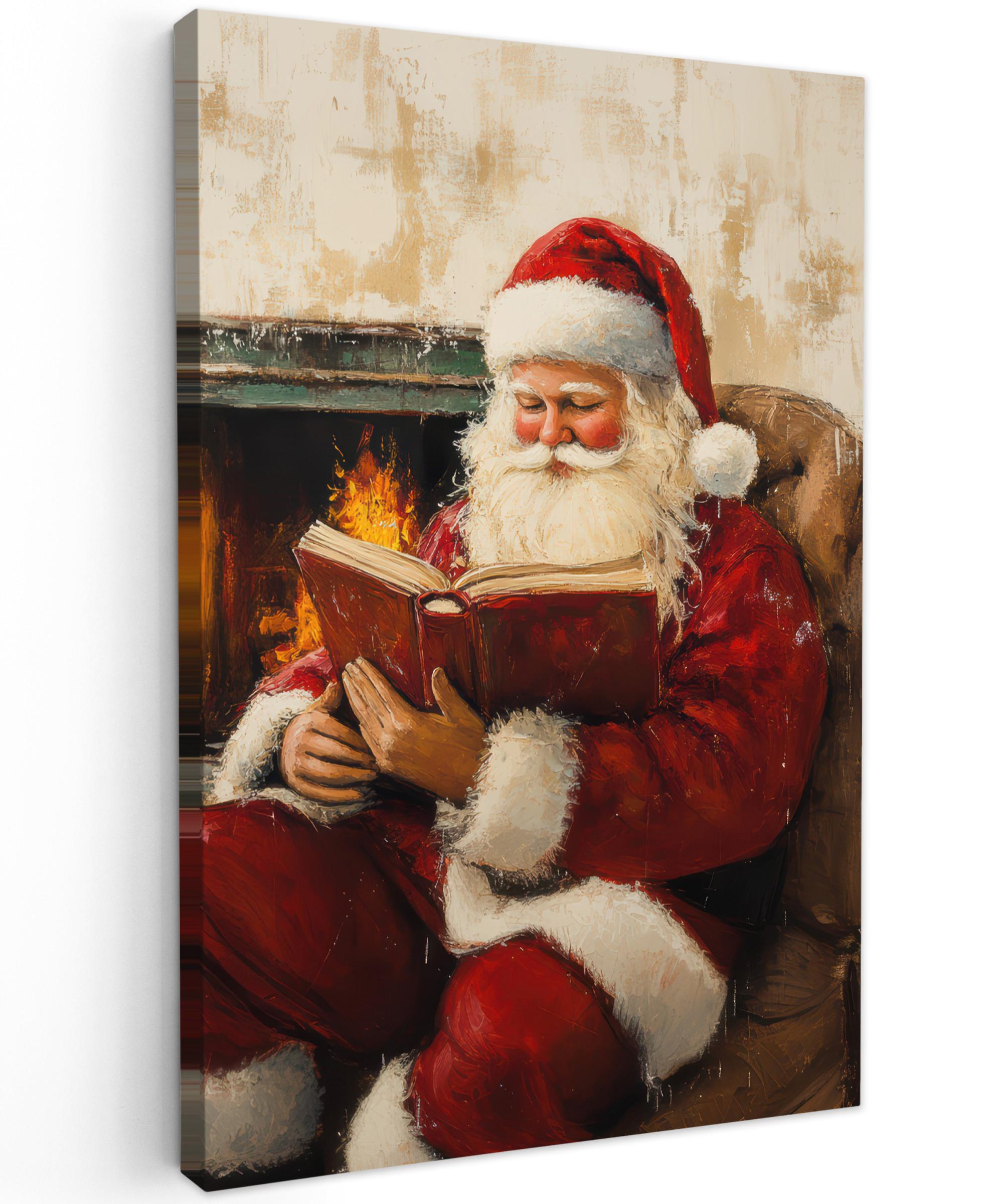 LEINWANDBILD Weihnachten - Weihnachtsmann - Winter - Open Fireside Wanddeko 40x60 cm - Dunkelrot, Textil (40/60cm) - MuchoWow
