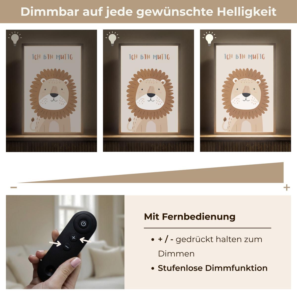 NACHTTISCHLAMPE MIT AKKU Löwe - Beige - Tier - Mutig - Zitat 40x60 cm - Beige, Holzwerkstoff (8/40/60cm) - OnlyWow