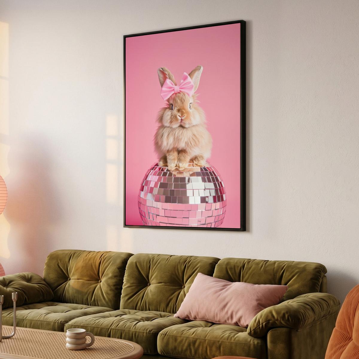 LEINWAND Bilder mit Rahmen - Schleife - Discoball - Kaninchen - 90x140 - Pink, Textil (90/140cm) - MuchoWow
