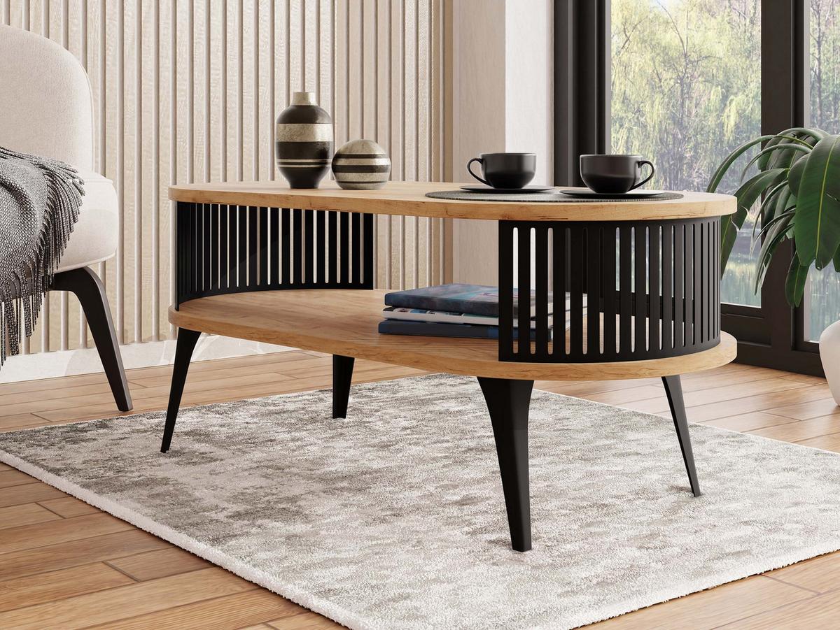 COUCHTISCH Roenni Oval - Eichefarben/Schwarz, Holzwerkstoff/Metall (100/50/44cm) - MIRJAN24