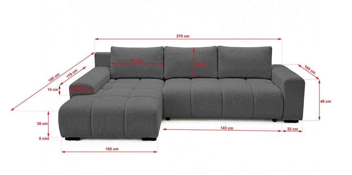 ECKSOFA Ovia mit Bettkasten und Schlaffunktion, Bouclé-Stoff in L-Form - Dunkelgrau, Textil (270/185cm)