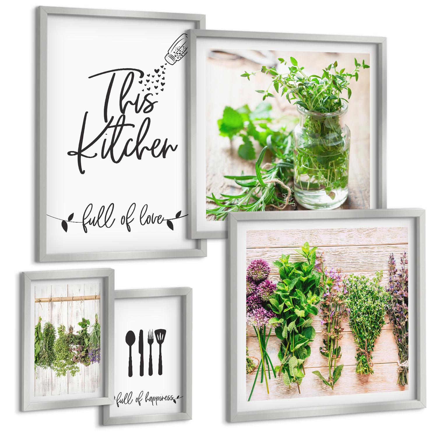 BILDER SET 5er Set - 50x50 cm & 20x30 cm & 40x60 cm Silberner Rahmen - Kräuterpflanzen zum Trocknen in der Küche - Silberfarben, Kunststoff (40/60cm) - TULUP