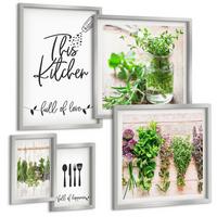 BILDER SET 5er Set - 50x50 cm & 20x30 cm & 40x60 cm Silberner Rahmen - Kräuterpflanzen zum Trocknen in der Küche - Silberfarben, Kunststoff (40/60cm) - TULUP
