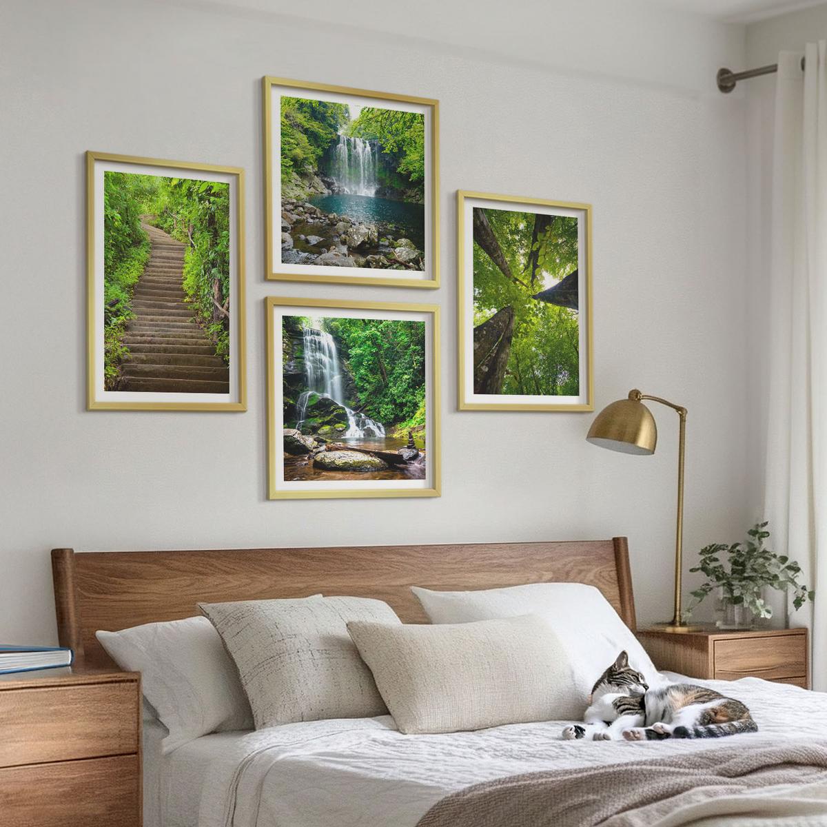 BILDER SET 4er Set - 50x50 cm & 40x60 cm Goldrahmen - Pfad Wald Wasserfall Vegetation - Goldfarben, Kunststoff (50/50cm) - TULUP