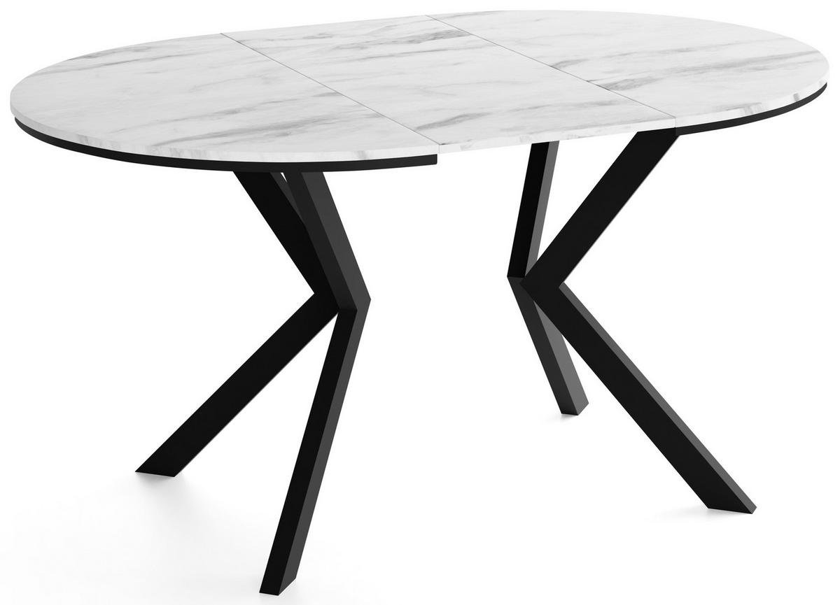 ESSTISCH Valio rund oval ausziehbar verlängerbar mit schwarzen Metallbeinen, Marmor Weiß 100-140/100/76 cm - Ecru/Schwarz, Holzwerkstoff/Metall (100/140/76cm) - WFL GROUP