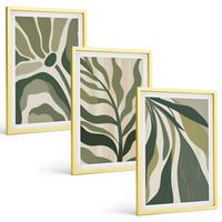 BILDER SET 3er Set - 40x60 cm Goldrahmen - Illustrationen gemalter grüner Blätter - Goldfarben, Kunststoff (40/60cm) - TULUP