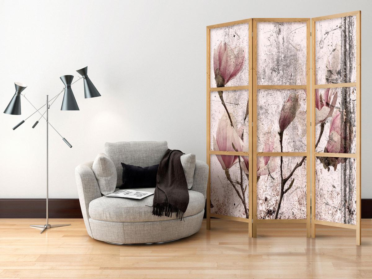 PARAVENT Japanischer 3-tlg 135x172 cm Vintage Magnolien - Rosa, Holz/Textil (135/172/3cm) - Muralo