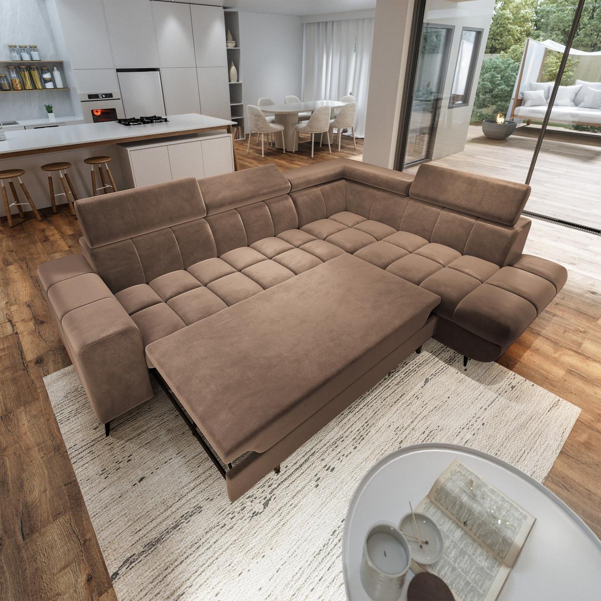 ECKSOFA MORIVA R-S Beige Velours-Stoff mit Schlaffunktion - Beige, Holz (253/190cm) - MASSENO
