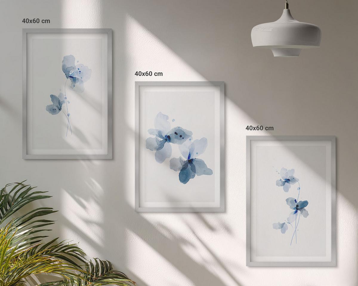BILDER SET 3er Set - 40x60 cm Silberner Rahmen - Blaue Blumen - Silberfarben, Kunststoff (40/60cm) - TULUP